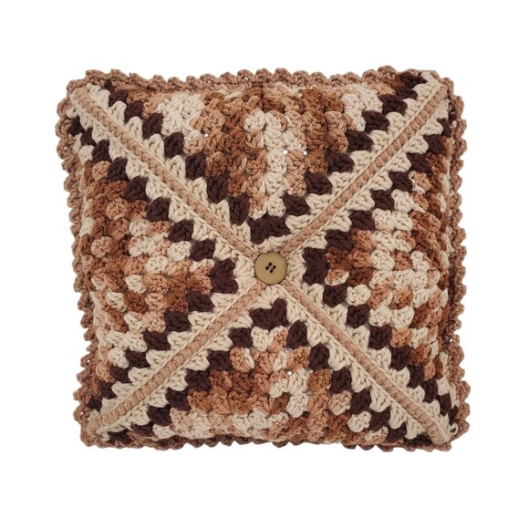 Vintage Handmade Crochet Throw Pillow Button Accent Brown Beige Retro 12x12 - Picture 1 of 6